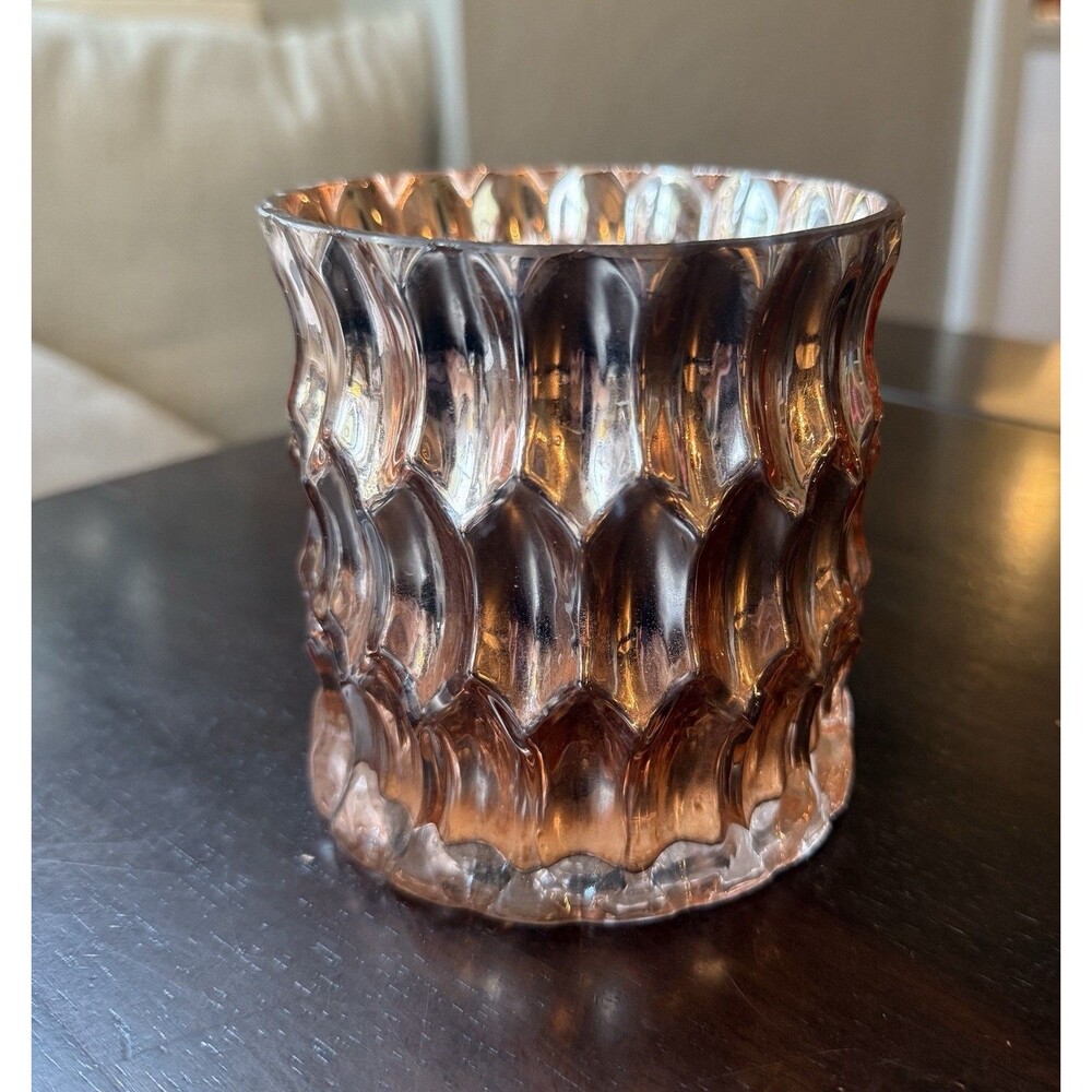 Vintage Rose Gold Mercury Glass Geometric Pattern Candle Holder Vase 4” x 4”